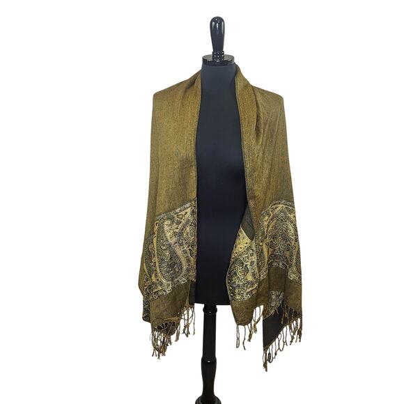 Sax Cape Scarf Wrap Black Metallic Gold Paisley Boho Witchy Cozy Fall - Picture 1 of 4